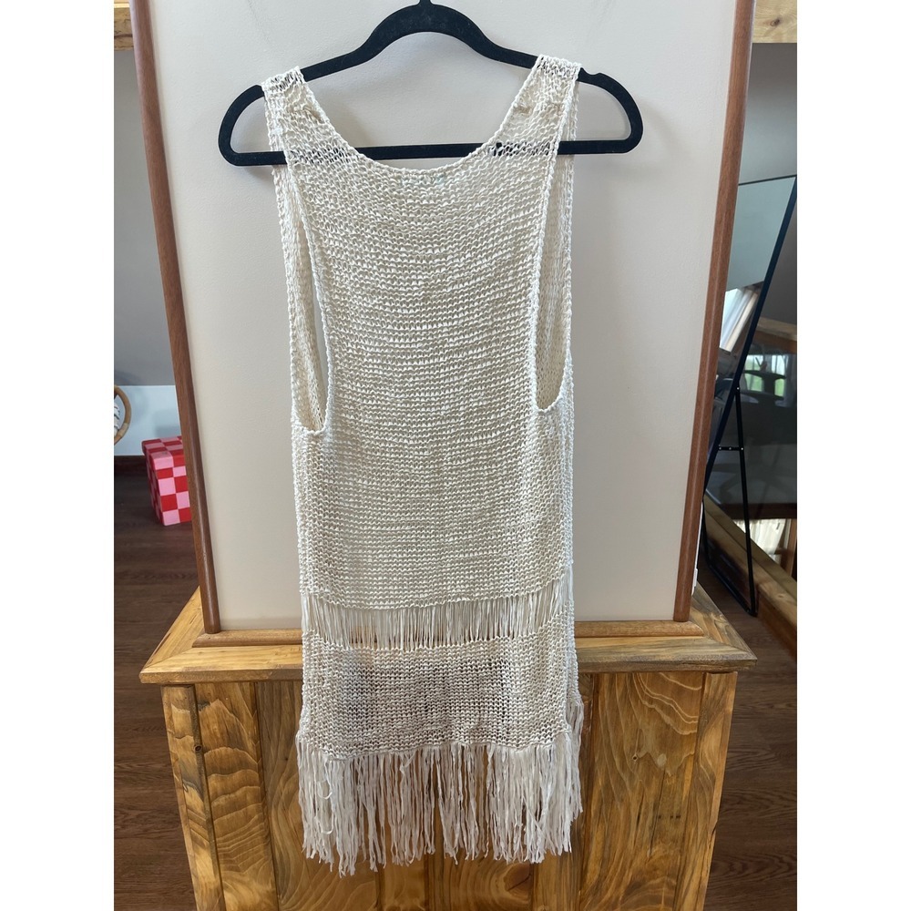 Maurices Crochet Vest Womens L Cream Boho Fringe Open Knit Longline - Picture 3 of 3